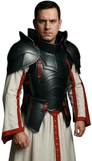 Knight Paladin Half Armor Set – Black Gothic Crusader Medieval Suit with High-Neck Cuirass, Red Strap Detailing, 18-Gauge Steel Fantasy Armor for Cosplay, LARP, Halloween Costume & Display