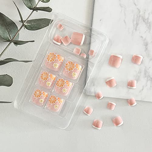 French Tip Press On Toenails Short Fake Toe Nails Orange Flower Design False Toenails Summer Cute Square Toe Nail Tips Glossy Pink Acrylic Toe Nails Glue On Toenails For Women Girls 24Pcs #TOP4