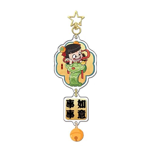 Porte-clés Nezha Aobing avec clochette et vœux de bonheur, cadeau idéal pour enfant