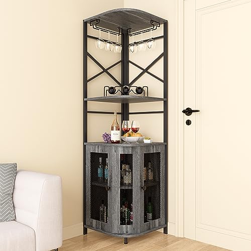 Osfvolr Bar Cabinet w/Wine Rack and Glass Holder, Corner Cabinet with Mesh Door, Corner Bar Cabinet with Adjustable Shelf, Liquor Cabinet Bar for Home, Black Oak, A2 - Thumbnail 6