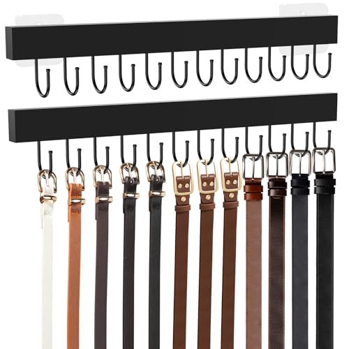 HOMEBROS Belt Hanger Wall Mount, Adhesive Wooden Closet Belt Organizer with 24 Metal Hooks, Large Capacity, 2 Installation Options, Black, 2 Pcs