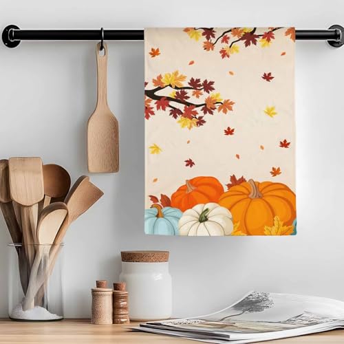 Image of Fall Kitchen Towels Orange Pumpkin Thanksgiving Hand Towels Maple Leaf Tree Dish Towel Cleaning Cloth Soft Absorbent Quick Drying 3 Pack Dish Cloths for Kitchen, Bathroom Autumn Decoration