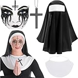 Qunkun 4 Stück Nonn Kostüm Damen Horror Nonne Kostüm, Halloween Gesichtstattoo, Karneval