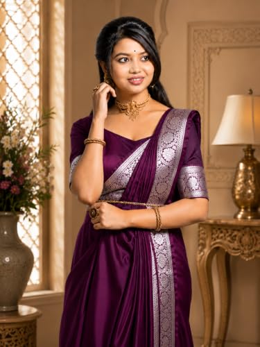 Image of Women's Glory Banarasi Satin Silk Saree Plain Silver Zari | Unstiched Blouse Piece Included.
