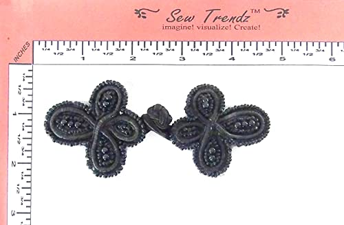 Chinese Frogs Button Closures Hook & Eye Fastener - Sewing Quilting Renaissance Dance Hawaiian Bridal Costumes Outfit Drapery Decor- Black-Large Size Hand Beaded 3 Loops- Fg152 #TOP1