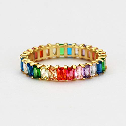 Michooyel Sterling Silver Eternity Rainbow Ring Band Ring for Women 18K Gold Plated Baguette Multicolor Cubic Zirconia Eternity Ring3
