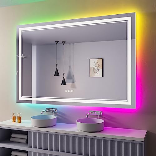 60x30 Inch LED Bathroom Mirror with Lights, Color Changing RGD Backlit and Front Light Mirror,Lighted Vanity Mirrors for Bathroom Wall, Dimmable, Anti-Fog,Shatterproof,Memory