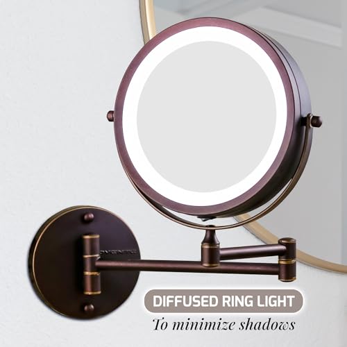 Image of OVENTE 7 inch Wall Mounted Lighted Makeup Mirror, Antique Bronze MFW70ABZ1X10X | Cordless Double Sided 1X /10X Magnifying Mirror for Bathroom with LED Lights, 360 Rotation, Extendable Arm, Battery Operated