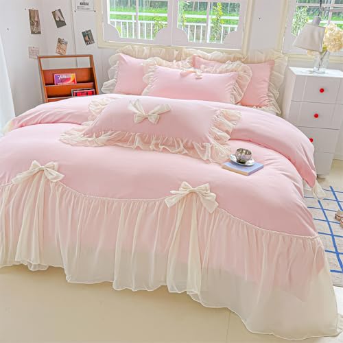 SOUKECHY Chic Lace Bedding,Girls Twin Aesthetic Comforter Cover Set,Romantic French Princess Style Ruffled Duvet Cover with Lovely Bow with Zipper Closure-Pink,Twin Size