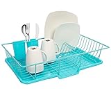 Sweet Home Collection Dish Rack Drainer 3 Piece Set with Drying Board and Utensil Holder, 17' x 12' x 5', Turquoise