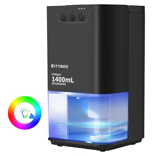 CITYBEE Deshumidificador Eléctrico 1400ml, Deshumificadores de Humedad Silencioso Desumificador Pequeño para la Humedad Interior Habitacion Baño Cocina con Temporizador luz LED de 7 (Negro)
