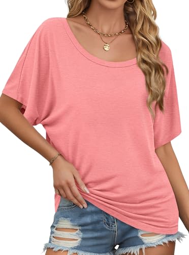 Image of Hilinker Womens Sexy Off The Shoulder Tops Short Batwing Sleeve T Shirt Oversized Casual Tee Orange Red Large