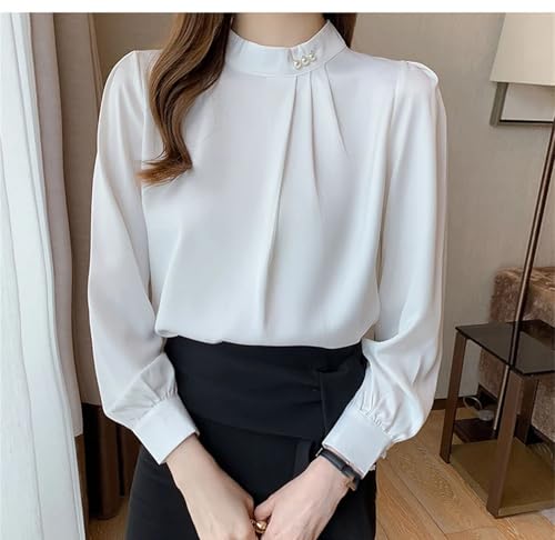 Women's Satin Business Blouses Long Sleeve Beading Stand Collar Workwear Office Shirt4