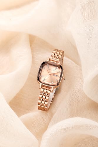 Image of Giordano Elegant Square Rose Gold Watch for Women - Crystal & Roman Hour Markers, Day-Date Display, Stainless Steel Strap
