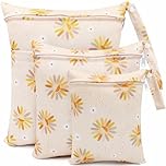 FenFang Baby Wet Bag, Cloth Nappy Bags for Diapers, 3 Pcs Wet Dry Changing Bags Waterproof Storage Bag Organizer Pouches for Daycare Travel Swimming Beach, Washable Reusable Zipper Bag (Yellow Flower)