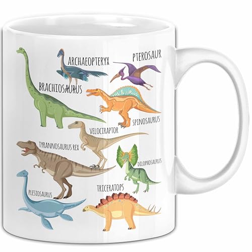 Dino Tasse Geschenk Dinosaurier Geschenkidee Jungs Dino-Fans T-Rex Arten Von Dinosaurieren Kakao Becher Becher (Weiß)