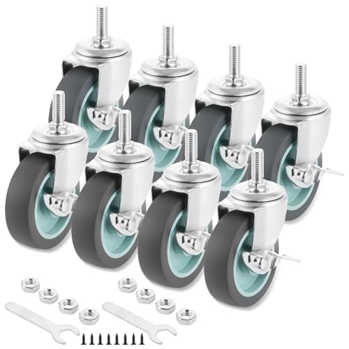 LOPYXBR Lot de 8 roulettes pivotantes 75 mm, roulettes de transport avec frein, diamètre 10 mm, longueur 25 mm, Gris