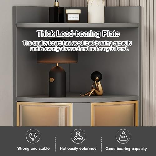 Elegante armadietto ad angolo alto con ante in vetro e ripiani a LED, salvaspazio, per bagno, cucina, soggiorno e camera da letto, design moderno e versatile