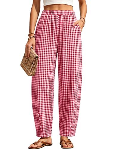 LOMON Summer Pants for Women Baggy Harem Barrel Pants Palazzo Comfy Wide Tapered Leg Gingham Trousers with Pockets Travel Vacation Resort Outfits Red Plaid Small