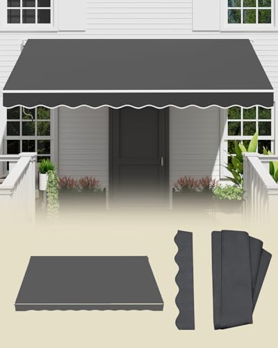 GDPFN 12x10FT Retractable Awning Replacement, 300g/m² Heavy-Duty Polyester Fabric Cover with Valance (Without Frame), Exterior Sunshade Canopy Cloth for Yard, Deck, Balcony, Grey