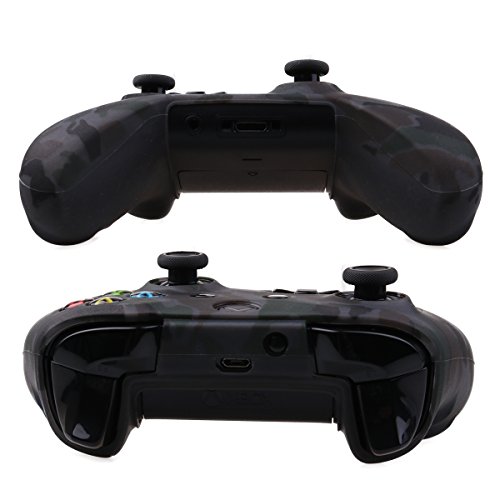YoRHa Water Transfer Printing Camouflage Silicone Cover Skin Case for Microsoft Xbox One X & Xbox One S Controller x 1(Grey) with PRO Thumb Grips x 8