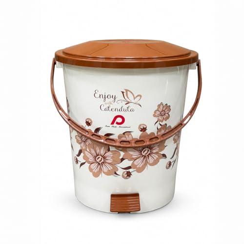 Image of PROHOME Calendula Floral Plastic Pedal Dustbin for Home, Office, Kitchen, Bathroom & Bedroom | Trash Can /Garbage Waste Bin with Lid & Handle (15L, Ivory)