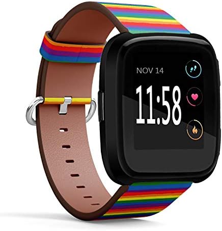 Compatible with Fitbit Versa/Versa 2 / Versa LITE/Leather Watch Wrist Band Strap Bracelet with Quick-Release Pins (Rainbow Striped LGBT) image 4