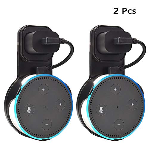 Outlet Wall Mount Holder Stand 2 Packs for Home Voice Assistants 2nd Generation Plug in Study, Kitchen, Bedroom, Bathroom (Short Cable Included, Black)
