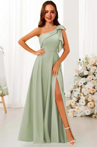 One Shoulder Junior Bridesmaid Dresses with Bow Satin Flower Girl Dress Formal Wedding Birthday Party Gown AI0184