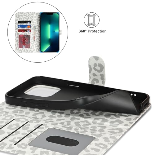 Image of for iPhone 13 Pro Max Case Wallet with Card Holder,for iPhone 12 Pro Max Wallet Case for Women Men,PU Leather Shockproof Magnetic Buckle Stand Flip Phone Case-White Leopard