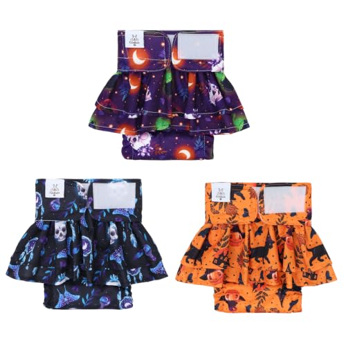 CuteBone Female Dog Diapers Halloween with Skirts 3 Pack Reusable Puppy Dresses Pants for Heat Cycle Period