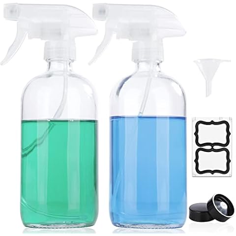 HOMBYS Glass Spray Bottles for Cleaning Solutions, 16 oz Empty Refillable Containers with Labels & Adjustable Nozzle for Gardening, Aromatherapy, Pets, Plant, Hair --Quality Sprayer,2 Pack Cover