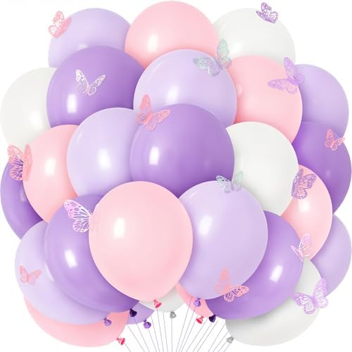50 PCS Butterfly Balloons Set 12 Inch Pink Purple White Latex Bal...