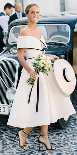 Women's Off Shoulder Vintage Wedding Dress Satin Elegant A-line Tea Length Bridal Midi Retro Gowns with Trim2