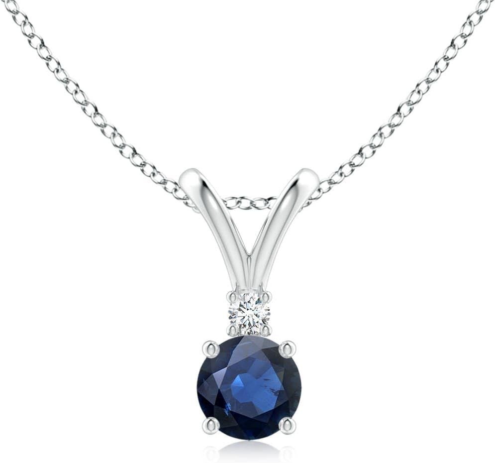 Angara Natural Blue Sapphire Solitaire Pendant for Women | V-Bale Round Blue Sapphire Necklace with Diamond in 14K Solid Gold/Silver/Platinum With 18" Chain | September Birthday, Gemstone Jewelry Gift
