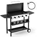 Bonnlo 40000BTU Propane Griddle with Lid and Ignition, Standing Flat Top Gas Grill with Storage Shelf and Portable Rolling Wheels, 4 Burner Camping Cooker for Patio Backyard Outdoor Cooking BBQ