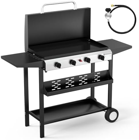 Bonnlo 40000BTU Propane Griddle with Lid and Ignition, Standing Flat Top Gas Grill with Storage Shelf and Portable