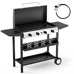 Bonnlo 40000BTU Propane Griddle with Lid and Ignition, Standing Flat Top Gas Grill with Storage Shelf and Portable Rolling Wheels, 4 Burner Camping Cooker for Patio Backyard Outdoor Cooking BBQ