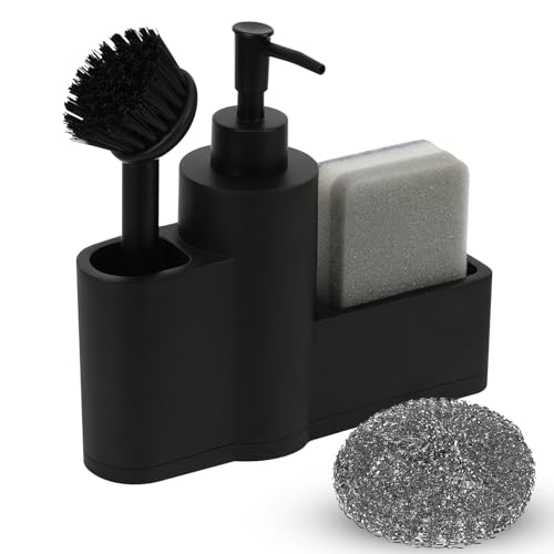 Dadabig Distributeur Liquide Vaisselle 4 en 1, Porte Eponge pour Cuisine Distributeur Savon Cuisine avec Éponge, Brosse et Boule de Nettoyage pour Comptoir de...