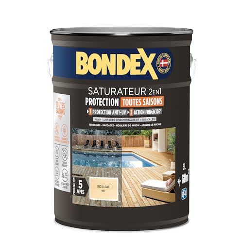 BONDEX - Saturateur Terrasse Bois Intérieur & Extérieur - Idéale pour Rénover, Décorer et Protéger - À Base d'Eau - Haute Protection - Anti-UV, Anti-Grisaillement - Mat - 5L - Incolore