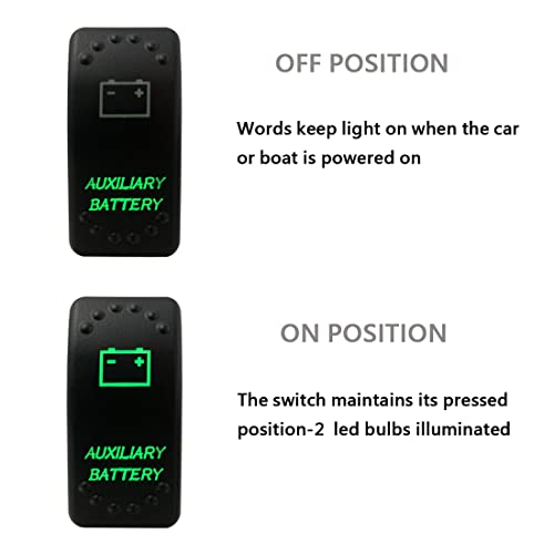 Image of Green Backlit Rocker Switch 5 Pin ON-Off Laser Etched Button Switch with Wires for Car Marine Boat UTV 20A /12V 10A /24V (Auxiliary Battery)