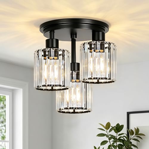 ROTTOGOON Crystal Semi Flush Mount Ceiling Light, 3-Light Modern Close to Ceiling Light Fixtures, Black Kitchen Light Fixture with Crystal Shade, Farmhouse Light Fixture for Hallway Living Room