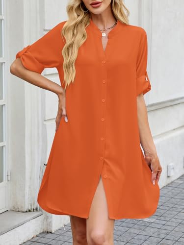 Image of PerZeal Womens Sexy V Neck Button Down Shirt Dresses Summer Short Sleeve Casual Loose Blouses & Button-Down Shifts Cover Ups