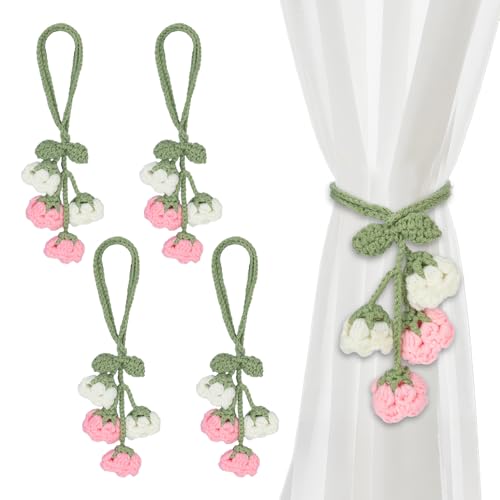 Flower Curtain Tiebacks, 4pcs Lily-of-The-Valley Curtains Holdbacks, Cute Curtain Holdbacks - No Drill Rope Holder, Drape Knitting Handmade for Nursery&Children's Room Decor (Pinkish/White)