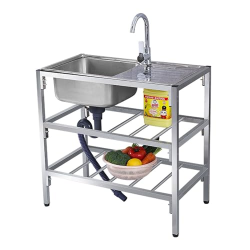 Evier autonome acier inox, gare lavabo cuisine restaurant bol simple avec robinet drainage, préparation lavage services publics bassin main avec étagères travail rangement jardin garage extérieur ( Co