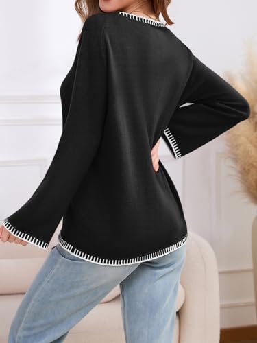 JUYUEO Women Front Tie Bow Cardigan Sweaters Knit Bell Long Sleeve Fall Fashion Outfits Black M — view 3