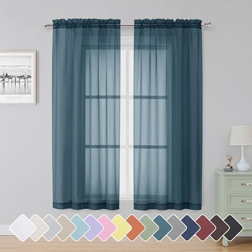 Image of Simplebrand Dusty Blue Sheer Curtains 63 Inch Length 2 Panels, Rod Pocket Solid Color Window Sheer Curtain Panels, Elegant Curtains & Drapes for Living Room, Bedroom 2 Panels (42 inch W x 63 inch L)