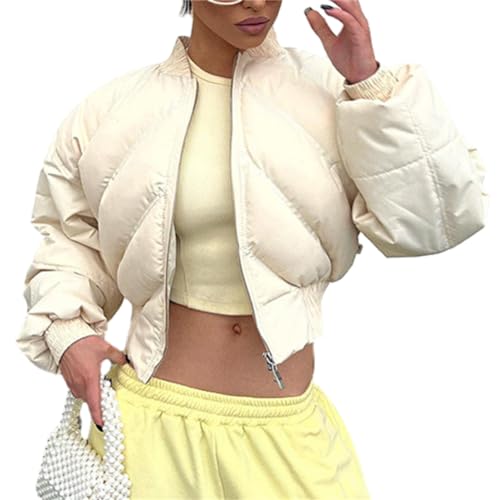 HOULENGS Women's Cropped Long Sleeve Zipper Puffer Jacket Stand Collar...