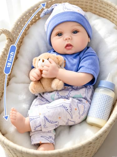 Image of EKOKIZ 18 Inch Reborn Baby Boy Doll - Realistic Blue Eyes Realistic Baby Doll with Dinosaur Outfit, Pacifier & Bottle Gift Set for Kids 3+