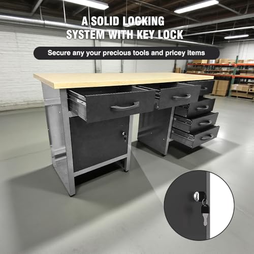 Image of JZD Metal Garage Workbench Desk Set System with Storage Cabinet, Wood Table Top for Workshop Utility Room